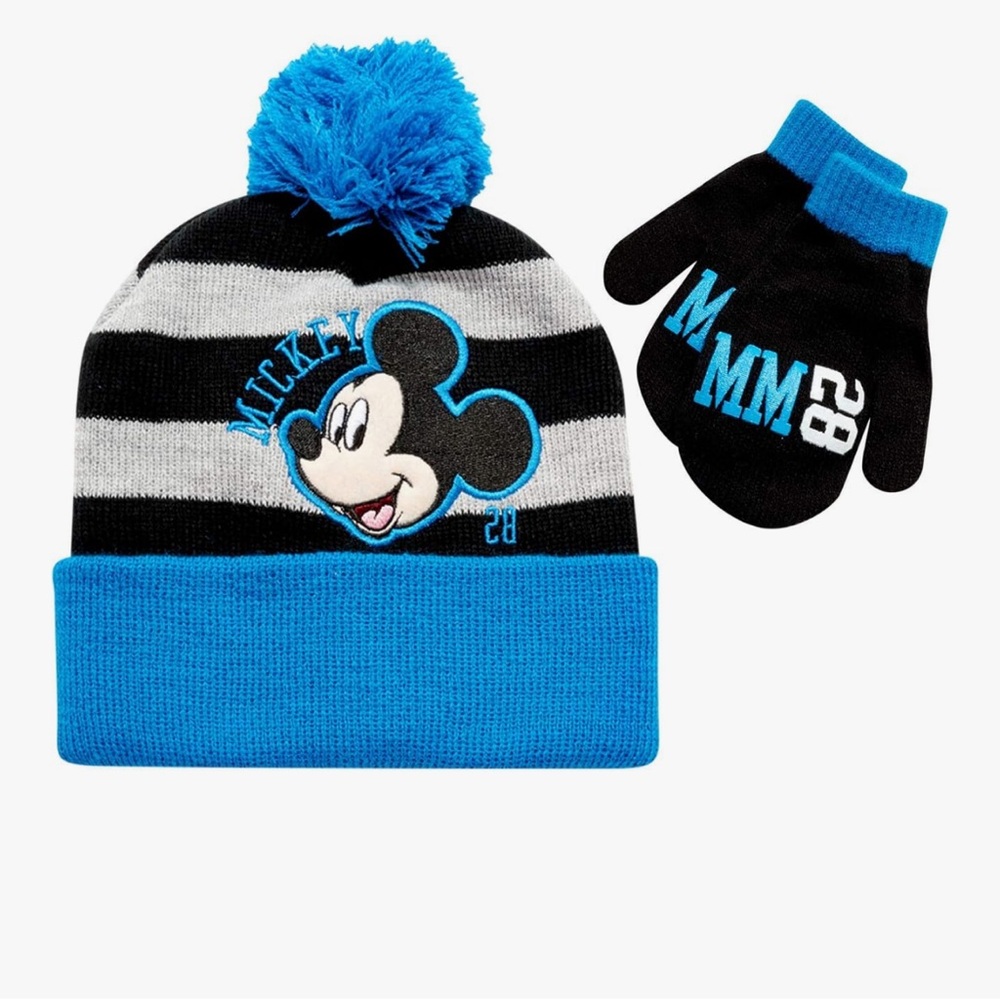 🆕 Disney Mickey Mouse Kids Beanie and Mittens Set - Blue and Black